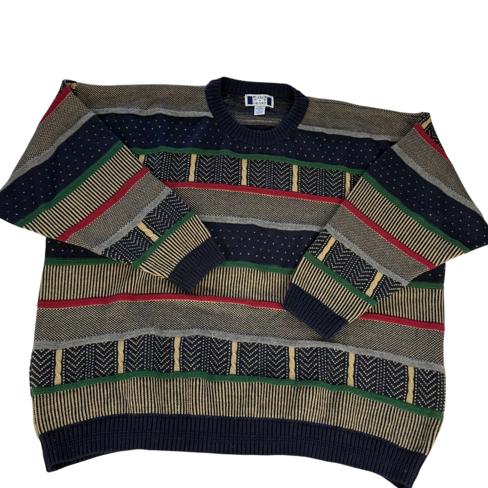 Sutter & Grant Vintage 90s Geometric Knit Sweater Mens 3X Navy Multi Color 3D